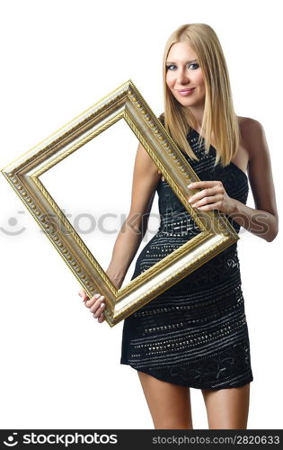 Woman holding picture frame on white