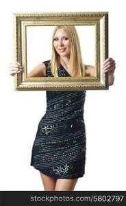 Woman holding picture frame on white