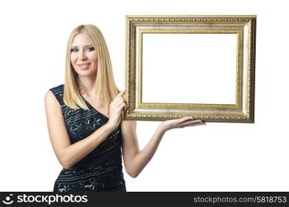 Woman holding picture frame on white