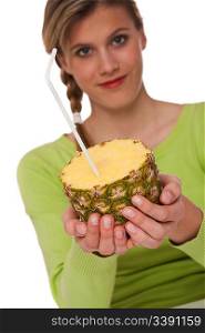 Woman holding pineapple on white background, focus on hands