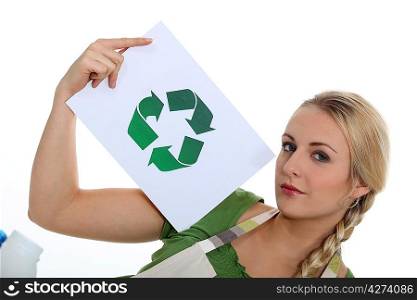 Woman holding recycle logo