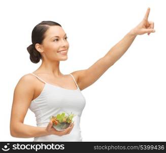 woman holding salad and working with something imaginary