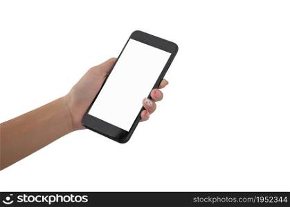 woman holding smart phone isolated white background.