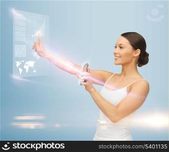 woman holding smartphone and working with virtual screen