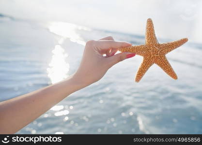 Woman holding starfish at the beach