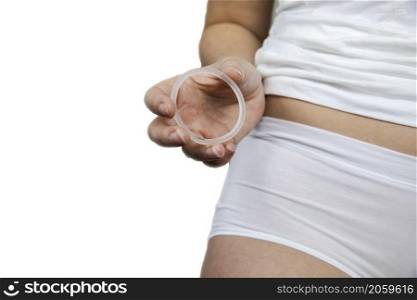 Woman Holding Vaginal Ring For Contraceptive Use isolated on white background, space for text. Woman Holding Vaginal Ring For Contraceptive Use isolated on white background,