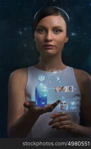 Woman holding wearable gadget. New technologies. Wireless tools. Future communications and social media concept.