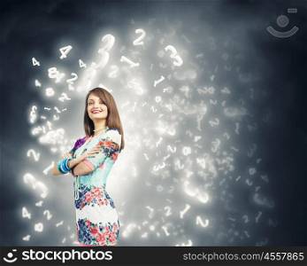 Woman i. Young pretty woman standing under sun lights