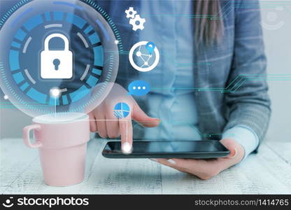 woman icons smartphone computer tablet office supply technological device. Business woman pointing and touching the screen of a smartphone with a lock security gears dna talk conversation pie chart around the icon. Office technological devices concept.