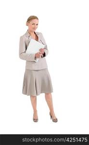 Woman in a beige skirt suit with a folder