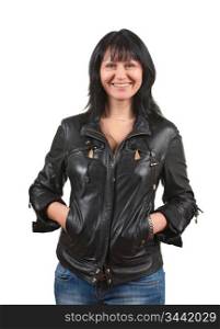 woman in a black leather jacket isolated on a white background