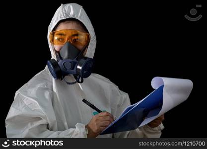 Woman in a chemical protective clothing and antigas mask with glasses at white background, Women scientist in safety suit, Safety virus infection concept