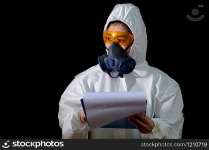 Woman in a chemical protective clothing and antigas mask with glasses at white background, Women scientist in safety suit, Safety virus infection concept