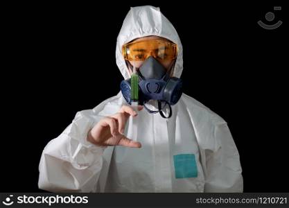 Woman in a chemical protective clothing and antigas mask with glasses at white background, Women scientist in safety suit, Safety virus infection concept