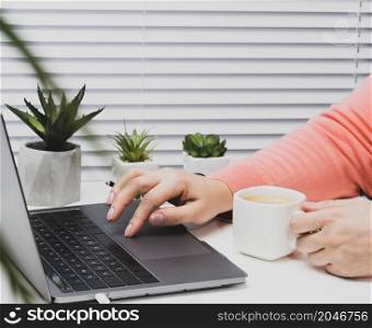 woman in a pink sweater works on a laptop, in hand a white cup with coffee. Distance learning and work. Browse sites in a cafe