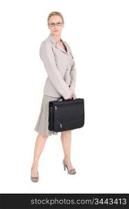 Woman in a skirt suit with a briefcase
