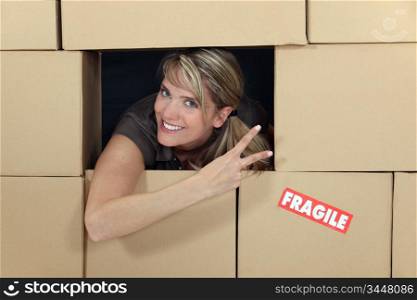 Woman in a wall of cardboard boxes