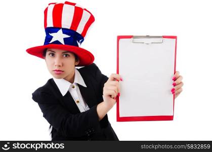 Woman in american hat with blank page on white