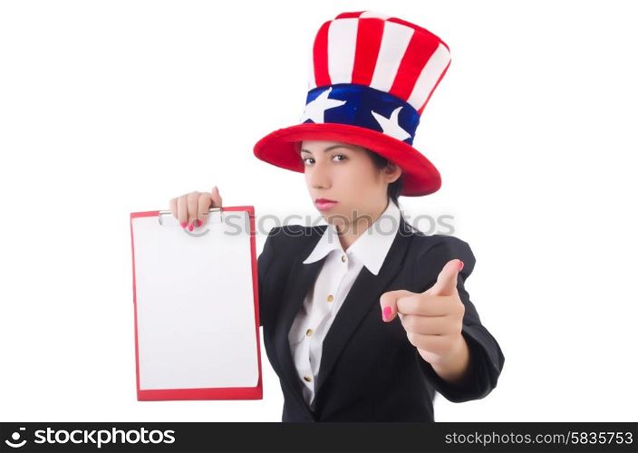 Woman in american hat with blank page on white