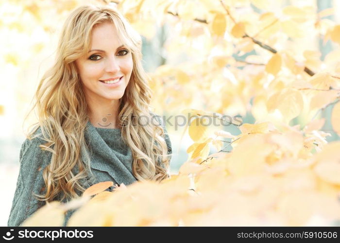 Woman in autumn park. Portrait of young woman in beautiful autumn park