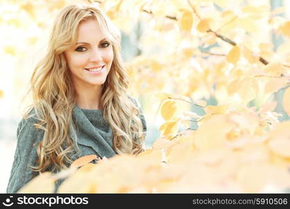 Woman in autumn park. Portrait of young woman in beautiful autumn park