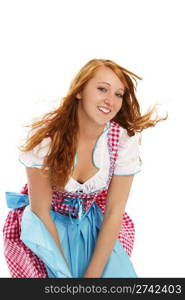 woman in bavarian dress handling with wind. woman in bavarian dress handling with wind on white background