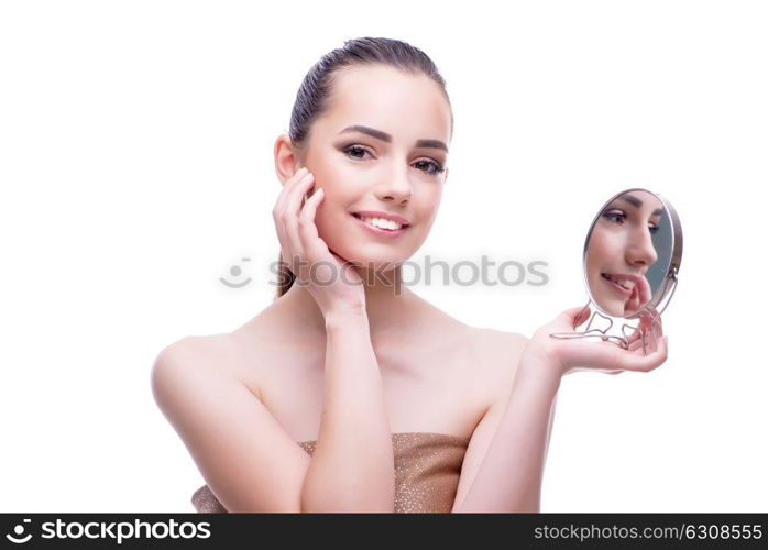 Woman in beauty concept applying make up using cosmetics