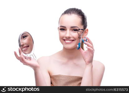 Woman in beauty concept applying make up using cosmetics