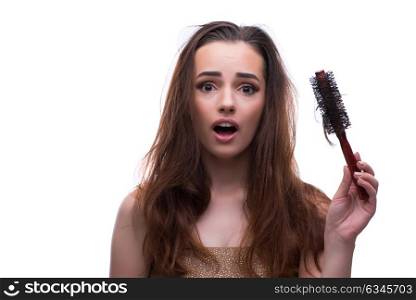 Woman in beauty concept combing hair loosig loss