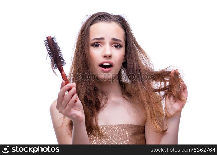 Woman in beauty concept combing hair loosig loss