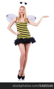 Woman in bee costume isolated on white