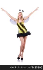 Woman in bee costume isolated on white
