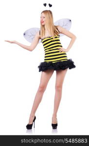 Woman in bee costume isolated on white