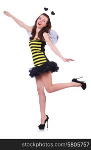 Woman in bee costume isolated on white