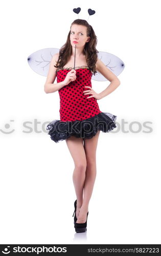 Woman in bee costume isolated on white