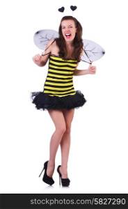 Woman in bee costume isolated on white