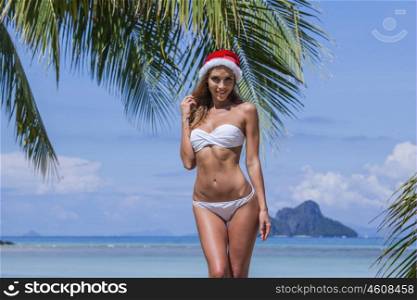 Woman in bikini celebrating Christmas. Woman in bikini celebrating Christmas on tropical beach with palms