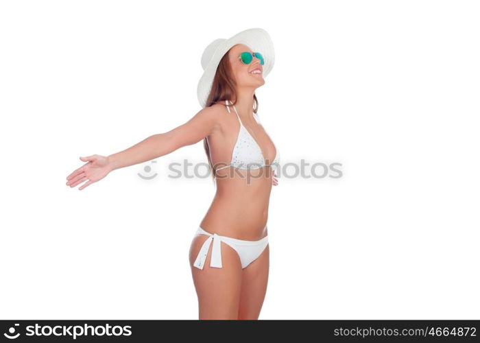 Woman in bikini expressing freedom isolated on a white background