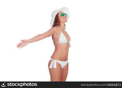 Woman in bikini expressing freedom isolated on a white background