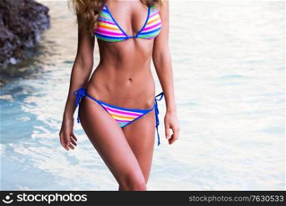 Woman in bikini on sea background, vacation at seaside, perfect female body. Woman in bikini at seaside