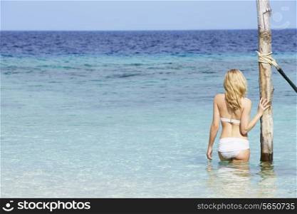Woman In Bikini Standing In Beautiful Tropical Sea