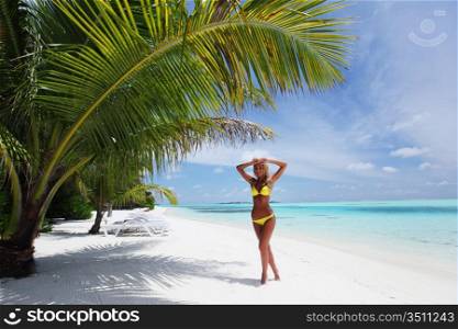woman in bikini under palm on sea background