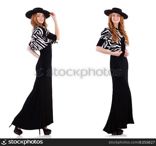 Woman in black dress and hat isolated on white
