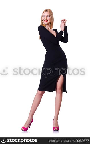 Woman in black dress in fashion concept on white