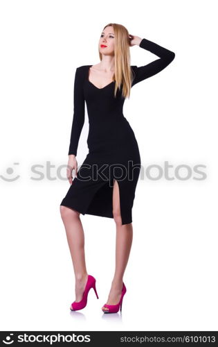 Woman in black dress in fashion concept on white