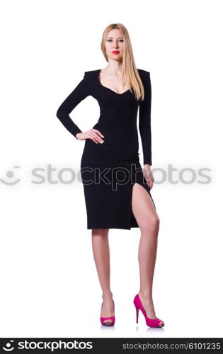 Woman in black dress in fashion concept on white