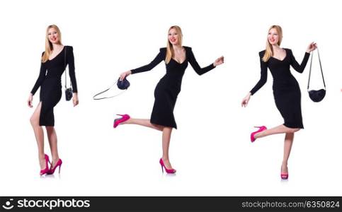 Woman in black dress in fashion concept on white