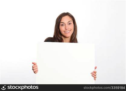 Woman in black dress showing message on white board