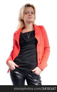 Woman in black leather pants and red jacket