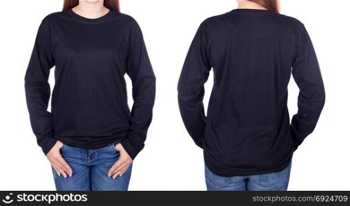woman in black long sleeve t-shirt isolated on a white background
